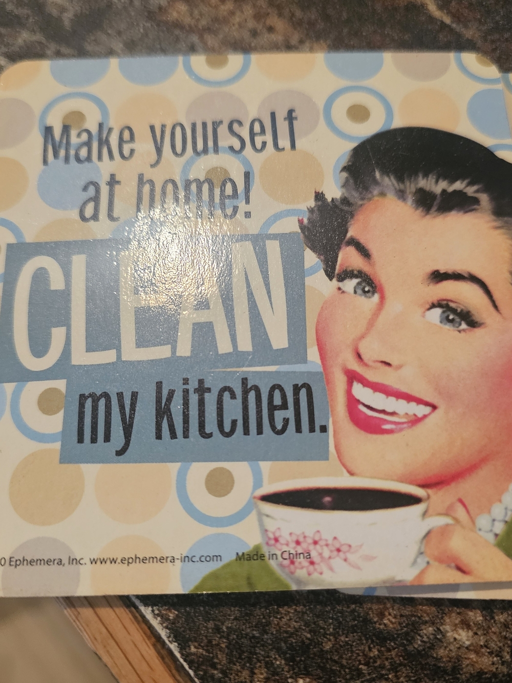 MAKE YOURSELF AT HOME! CLEAN MY KITCHEN CORK COASTERS - EPHEMERA -SET OF 6 -
